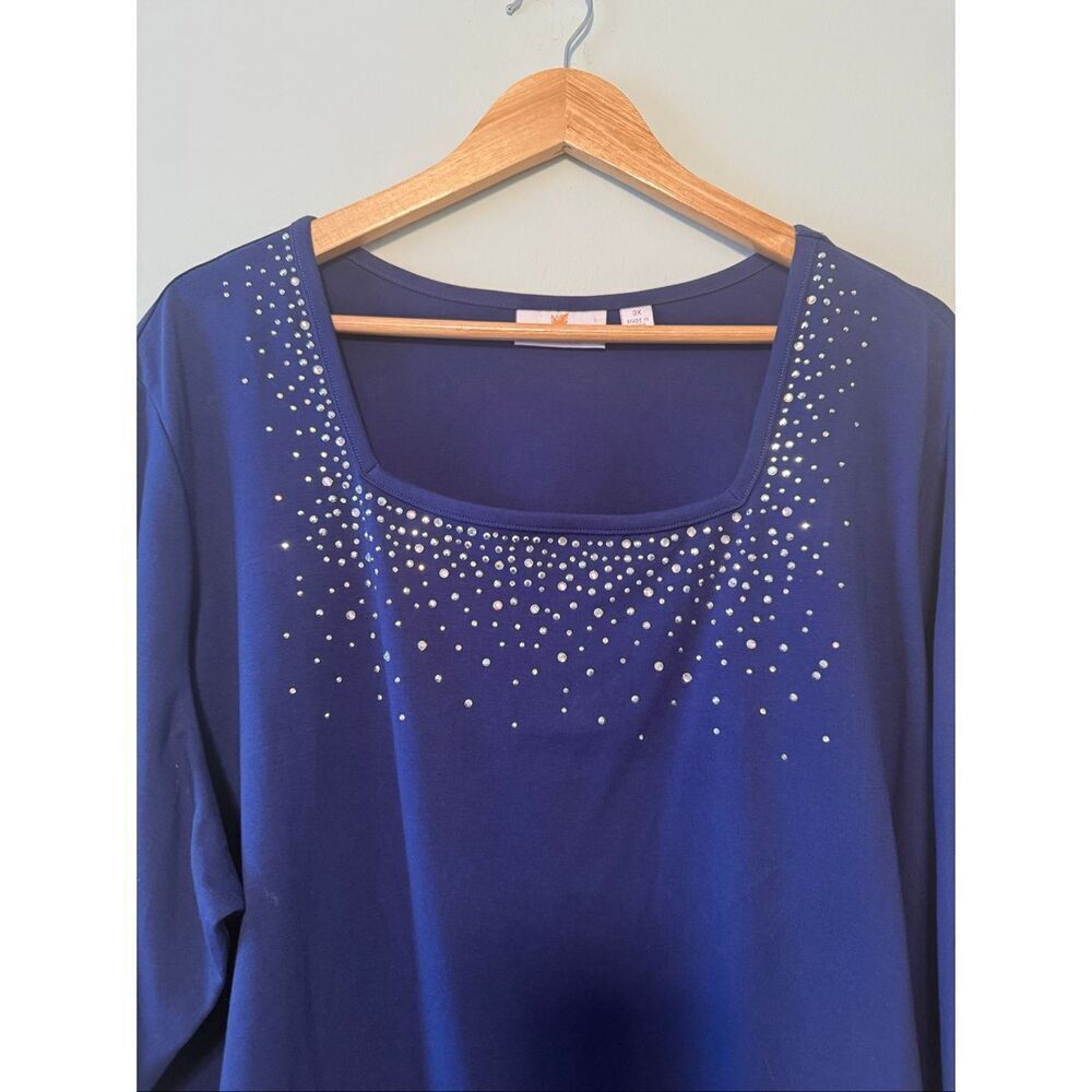 Quacker Factory Size 3X Rhinestone Square Neck Tunic Top Midnight Blue Sparkle - Picture 3 of 8